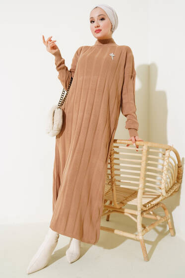 Kalın Fitilli Triko Elbise Büsküvi - Elbise