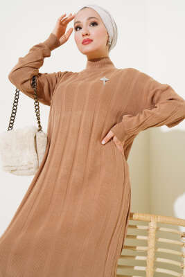 Kalın Fitilli Triko Elbise Büsküvi - Tesettür Elbise