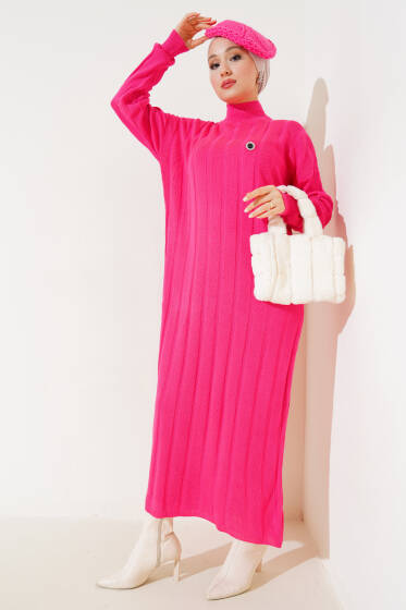 Kalın Fitilli Triko Elbise Fuşya - Elbise