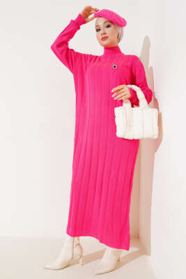 Kalın Fitilli Triko Elbise Fuşya 