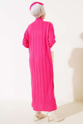 Kalın Fitilli Triko Elbise Fuşya - Tesettür Elbise
