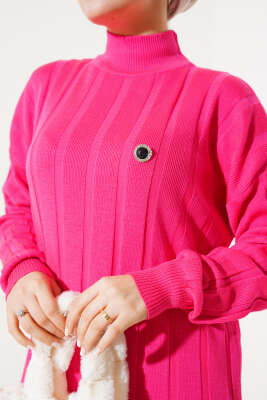 Kalın Fitilli Triko Elbise Fuşya - Tesettür Elbise