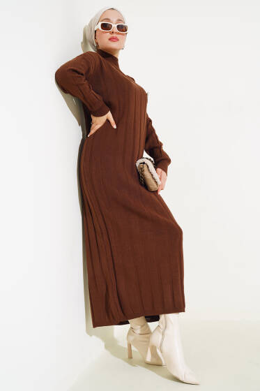 Kalın Fitilli Triko Elbise Kahve - Elbise