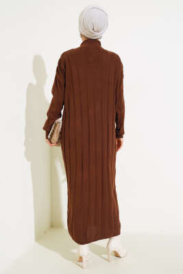 Kalın Fitilli Triko Elbise Kahve - Tesettür Elbise