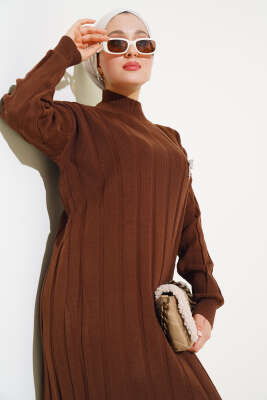 Kalın Fitilli Triko Elbise Kahve - Tesettür Elbise