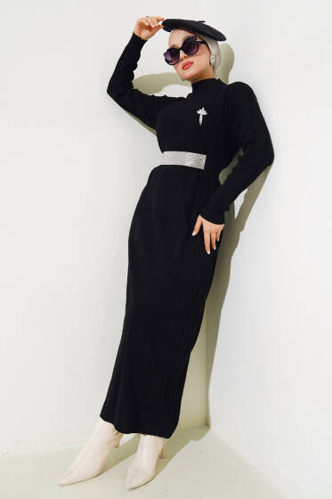 Kalın Fitilli Triko Elbise Siyah - Elbise