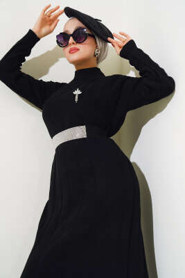 Kalın Fitilli Triko Elbise Siyah - Tesettür Elbise