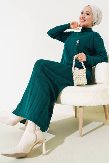 Kalın Fitilli Triko Elbise Zümrüt - Elbise