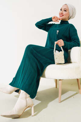 Kalın Fitilli Triko Elbise Zümrüt - Tesettür Elbise