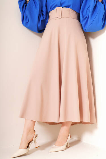 Kalın Kemerli Kloş Etek Bej - Uzun Etek