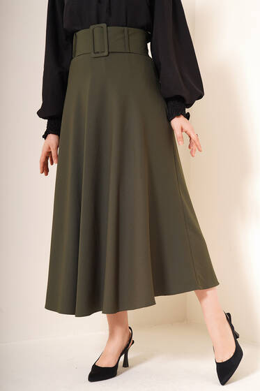 Kalın Kemerli Kloş Etek Haki - Uzun Etek