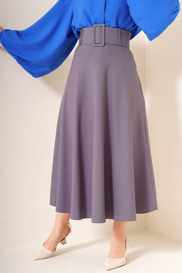 Kalın Kemerli Kloş Etek Kayrak Grisi - Uzun Etek