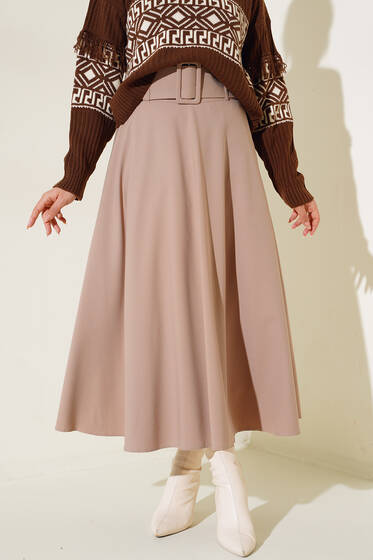 Kalın Kemerli Kloş Etek Vizon - Uzun Etek