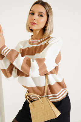 Kalın Yatay Çizgili Triko Crop Kazak Bisküvi - SUDE NAZ