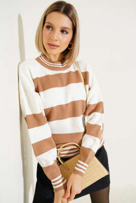 Kalın Yatay Çizgili Triko Crop Kazak Bisküvi - Kadın Giyim Modelleri