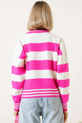 Kalın Yatay Çizgili Triko Crop Kazak Fuşya - Kadın Giyim Modelleri