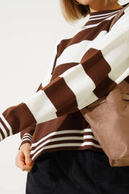 Kalın Yatay Çizgili Triko Crop Kazak Kahve - Kadın Giyim Modelleri