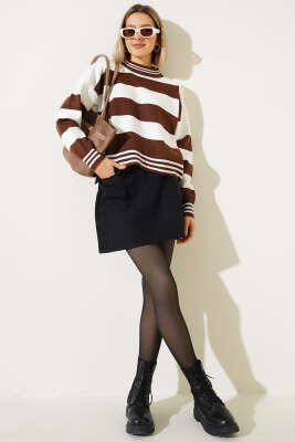 Kalın Yatay Çizgili Triko Crop Kazak Kahve - Kadın Giyim Modelleri