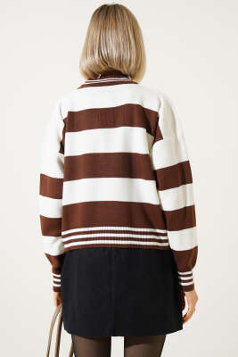 Kalın Yatay Çizgili Triko Crop Kazak Kahve - Kadın Giyim Modelleri