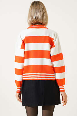 Kalın Yatay Çizgili Triko Crop Kazak Oranj - Kadın Giyim Modelleri