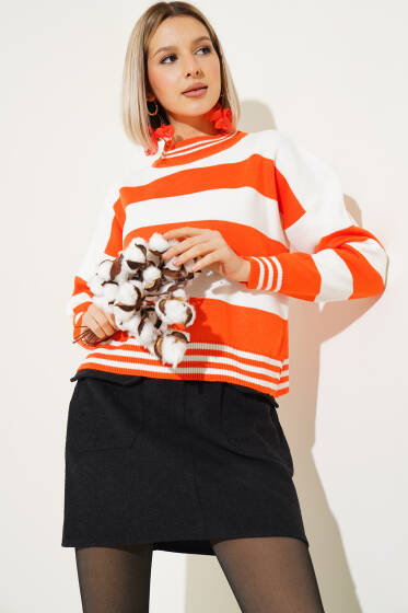 Kalın Yatay Çizgili Triko Crop Kazak Oranj - Yeni Giyim