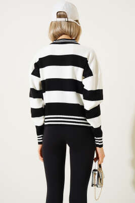 Kalın Yatay Çizgili Triko Crop Kazak Siyah - Kadın Giyim Modelleri
