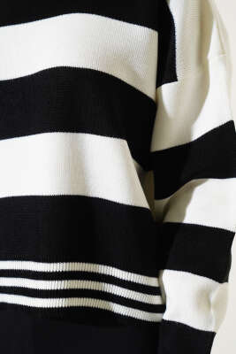 Kalın Yatay Çizgili Triko Crop Kazak Siyah - Kadın Giyim Modelleri