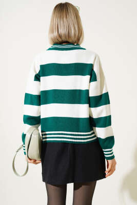 Kalın Yatay Çizgili Triko Crop Kazak Zümrüt - Kadın Giyim Modelleri