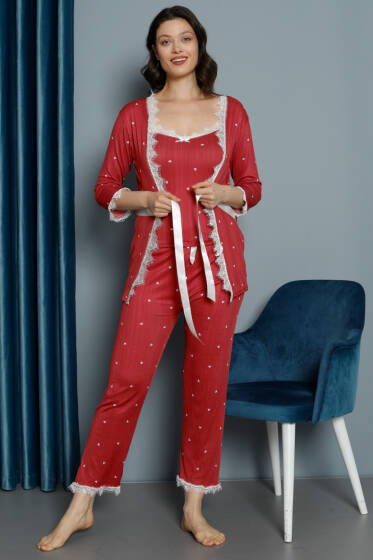 Kalp Baskılı Dantel Sabahlıklı 3'lü Pijama Takım Bordo - Kadın Pijama Takımı