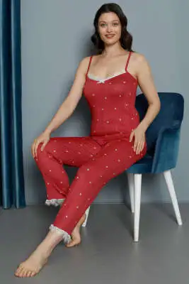 Kalp Baskılı Dantel Sabahlıklı 3'lü Pijama Takım Bordo - Kadın Pijama Takımı