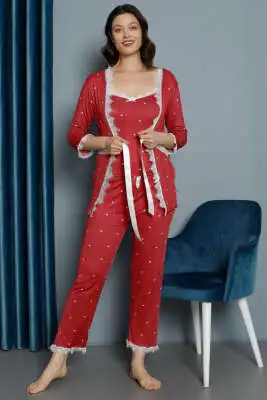 Kalp Baskılı Dantel Sabahlıklı 3'lü Pijama Takım Bordo - Pijama