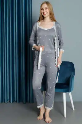 Kalp Baskılı Dantel Sabahlıklı 3'lü Pijama Takım Gri 
