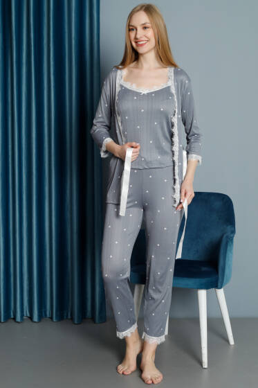 Kalp Baskılı Dantel Sabahlıklı 3'lü Pijama Takım Gri - Kadın Pijama Takımı