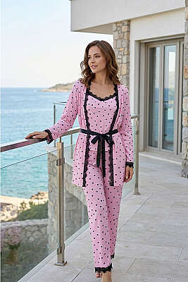 Kalp Baskılı Dantelli Sabahlıklı 3'lü Pijama Takımı Pembe - IŞILAY