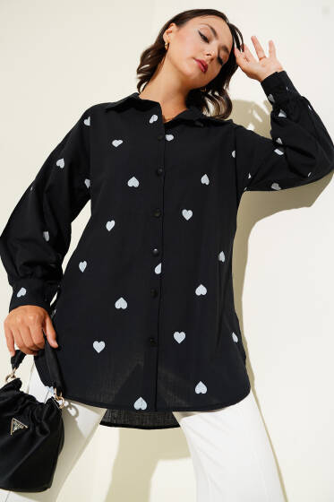 Kalp Baskılı Keten Gömlek Siyah - Gömlek