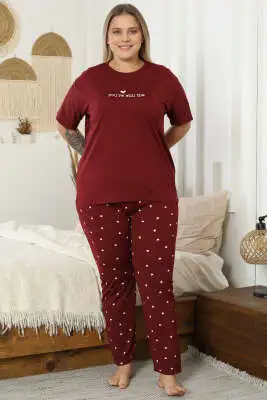 Kalp Baskılı Kısa Kol Büyük Beden Pijama Takım Bordo 