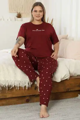 Kalp Baskılı Kısa Kol Büyük Beden Pijama Takım Bordo - Pijama