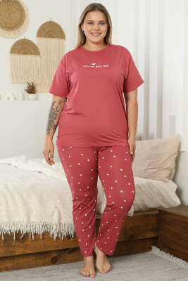 Kalp Baskılı Kısa Kol Büyük Beden Pijama Takım Gül Kurusu 