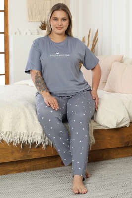 Kalp Baskılı Kısa Kol Büyük Beden Pijama Takım Kayrak Grisi 