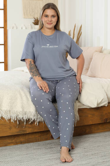 Kalp Baskılı Kısa Kol Büyük Beden Pijama Takım Kayrak Grisi - Pijama
