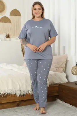 Kalp Baskılı Kısa Kol Büyük Beden Pijama Takım Kayrak Grisi - Pijama