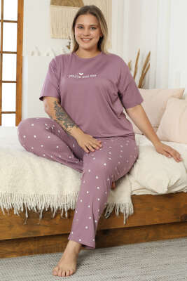 Kalp Baskılı Kısa Kol Büyük Beden Pijama Takım Lila