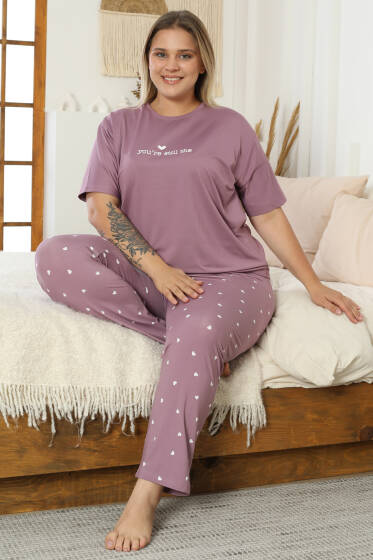 Kalp Baskılı Kısa Kol Büyük Beden Pijama Takım Lila - Pijama