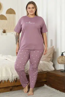 Kalp Baskılı Kısa Kol Büyük Beden Pijama Takım Lila - Pijama