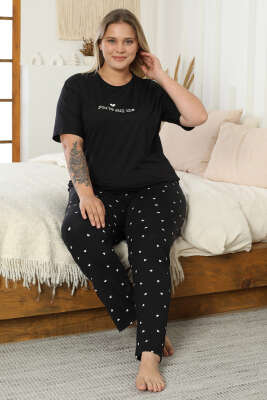Kalp Baskılı Kısa Kol Büyük Beden Pijama Takım Siyah 