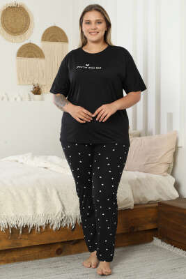 Kalp Baskılı Kısa Kol Büyük Beden Pijama Takım Siyah - Kadın Pijama Takımı