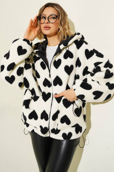 Kalp Baskılı Peluş Hırka Ekru - Kadın Giyim Modelleri