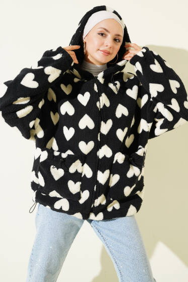 Kalp Baskılı Peluş Hırka Siyah - Hırka