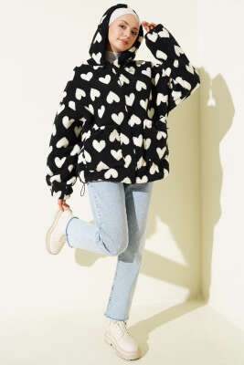 Kalp Baskılı Peluş Hırka Siyah - Hırka