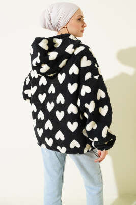 Kalp Baskılı Peluş Hırka Siyah - Hırka